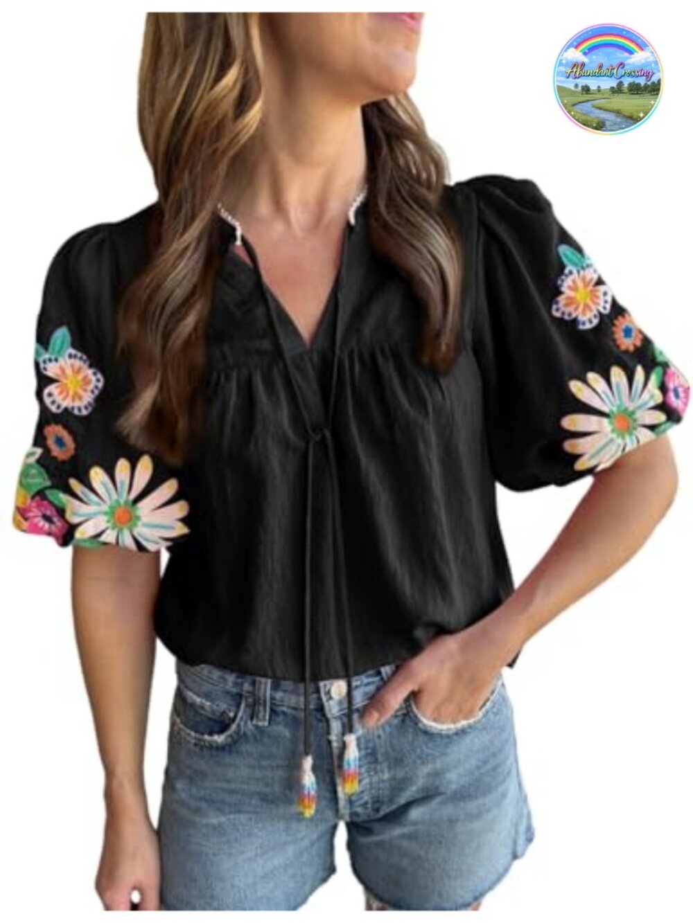 Boho Embroidered Tunic Top V-Neck Puff Sleeve Casual Summer Blouse